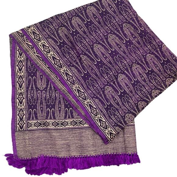 Vintage Large 89” Wool Shawl Wrap Woven Purple Himalayan Paisley Tibet India - Picture 1 of 5